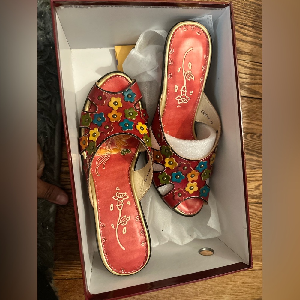 Red Floral Wedge Sandals